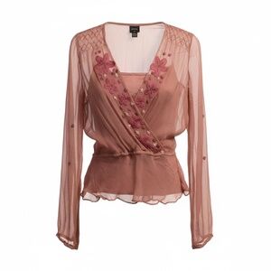 Vintage Y2K Silk Embroidered Sheer Blouse by Plenty, size 4, is in like-new cond